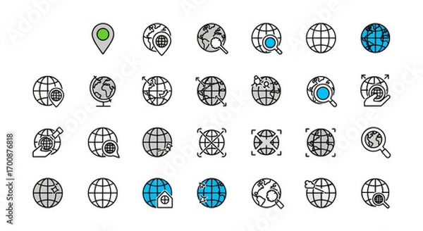 Obraz Vector icon sheet of globe and world map icons representing global location, search, data visualization, geography, network, navigation, and worldwide travel planning