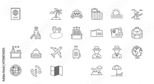 Obraz Vector icon sheet of travel and vacation essentials including passport, airplane, suitcase, hotel, beach, mountain, globe, and world map for tourism, holiday, and adventure planning