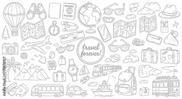 Obraz Vector icon sheet of handdrawn travel illustrations including hot air balloon, airplane, globe, suitcase, mountain, palm tree, and transportation for tourism, vacation, and adventure