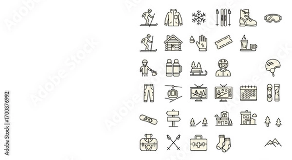 Obraz Vector icon sheet of  handdrawn winter sport elements including skiing, snowboard, snow gear, gloves, helmet, and winter clothing for cold season recreation, adventure, and holiday concepts