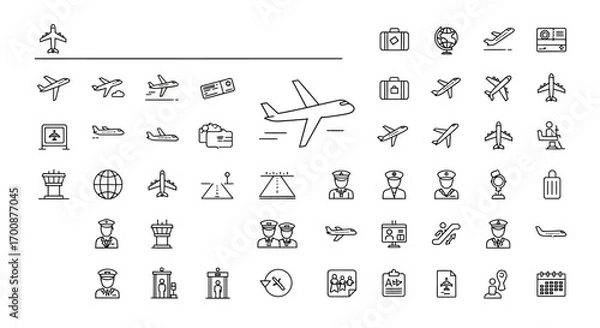 Obraz Vector icon sheet of airplane and travel elements including luggage, airport tower, pilots, tickets, and boarding passes for aviation, tourism, journey planning, and transport