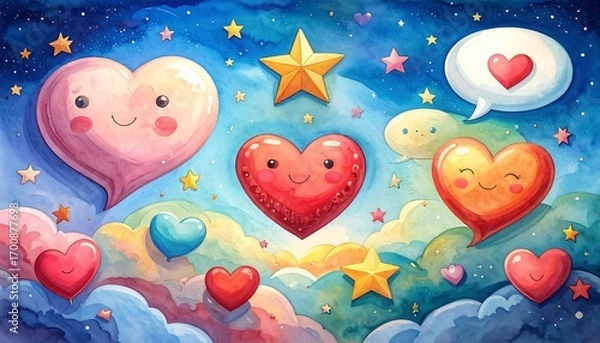 Fototapeta Colorful hearts float amidst clouds, stars, and speech bubbles in a whimsical night sky, radiating a cheerful and playful mood.