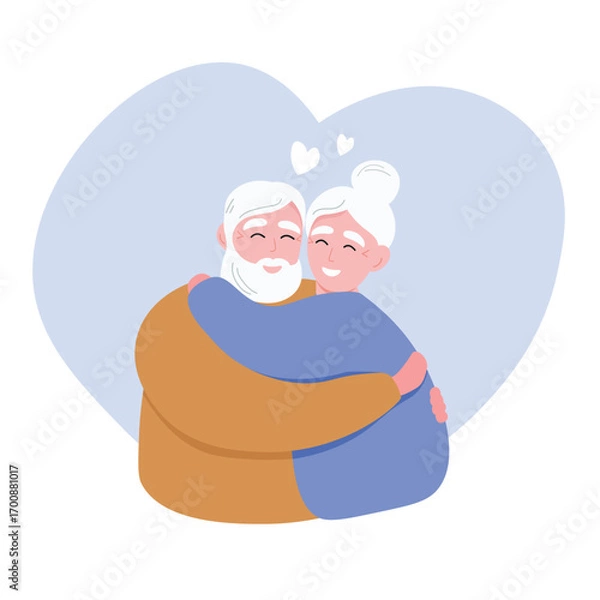 Fototapeta Elderly couple hugging, smiling, caring for each other. Romantic relationship of old people. Vector flat graphic.