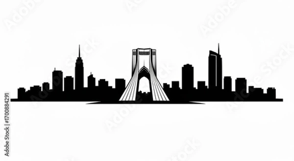 Fototapeta Silhouette of a city skyline with a prominent arch structure in the center in black and white style created with generative ai