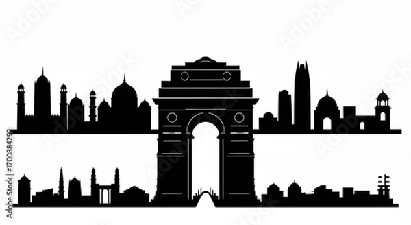 Fototapeta Silhouette of delhi skyline with india gate and various buildings in black and white landscape view created with generative ai