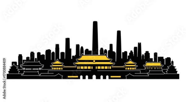 Fototapeta Silhouette of a city skyline with traditional buildings and modern skyscrapers in black and gold tones created with generative ai