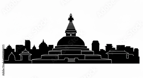 Fototapeta Silhouette of kathmandu skyline with stupa and various buildings against a white background view in detail created with generative ai