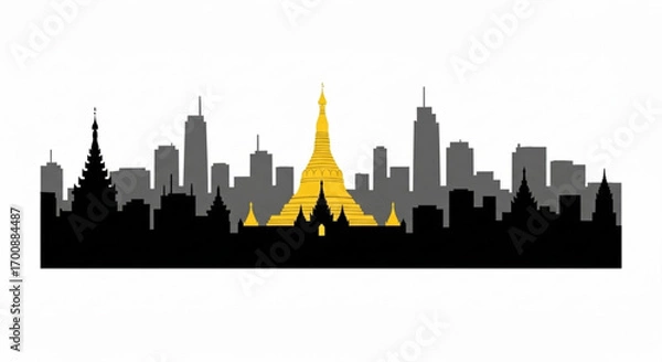 Fototapeta Silhouette of a city skyline with a golden pagoda and various buildings against a white background created with generative ai