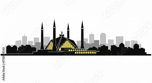 Fototapeta Silhouette of faisal mosque with minarets and city skyline in the background with a white background created with generative ai
