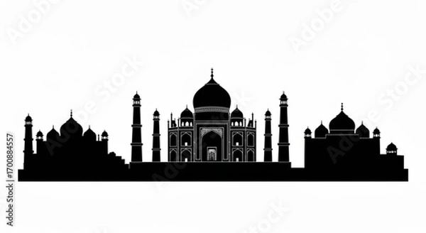 Fototapeta Silhouette of the taj mahal with minarets and domes against a white background showing architecture created with generative ai