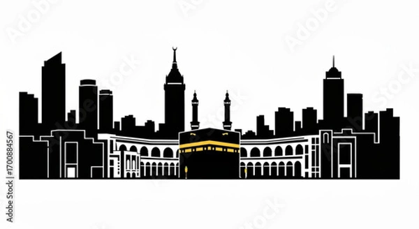 Fototapeta Silhouette of mecca skyline with kaaba and skyscrapers in black and white vector illustration created with generative ai