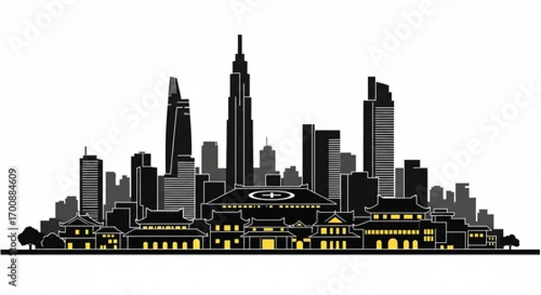 Fototapeta Silhouette of a city skyline featuring modern skyscrapers and traditional asian architecture at the forefront created with generative ai