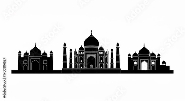 Fototapeta Silhouette of taj mahal with domes and minarets against a white background showing indian architecture created with generative ai