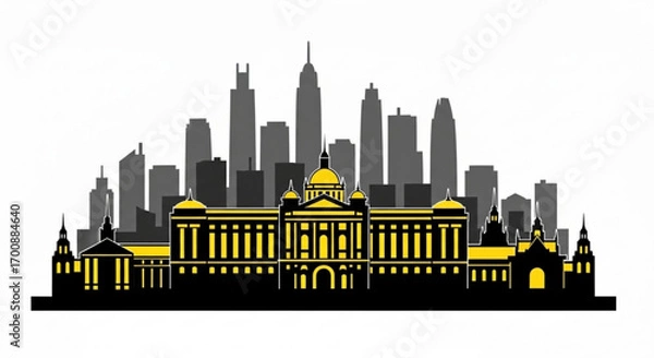 Fototapeta Illustration of a city skyline with buildings and skyscrapers in black and yellow colorscheme created with generative ai