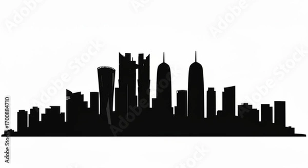 Fototapeta Silhouette of a city skyline with various tall buildings against a white background showcasing urban architecture created with generative ai