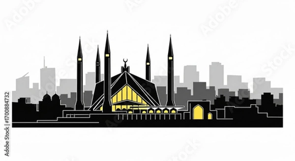 Fototapeta Illustration of the shah faisal mosque in pakistan with a city skyline in the background in black and gray created with generative ai