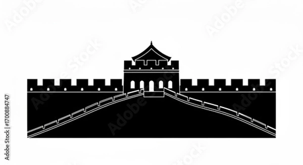 Fototapeta Illustration of the great wall of china with a central tower and ramparts in black and white colors created with generative ai
