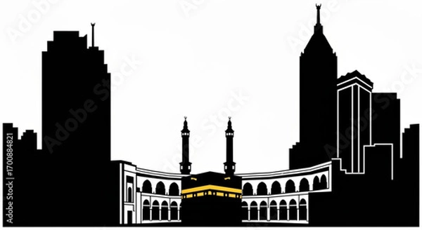 Fototapeta Silhouette of the mecca skyline with the kaaba and surrounding buildings against a white background created with generative ai