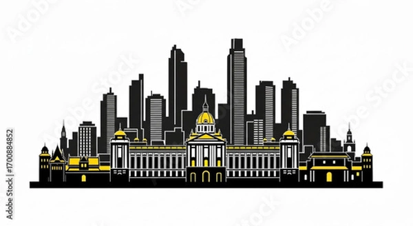 Fototapeta Illustration of a city skyline with a prominent government building and skyscrapers in black and gold created with generative ai