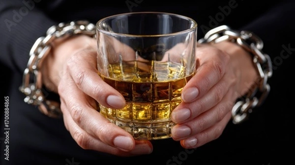 Fototapeta Hands bound by heavy metal chains holding a glass of brown spirits, depicting severe alcohol abuse, addiction, physical dependence, and psychological craving.