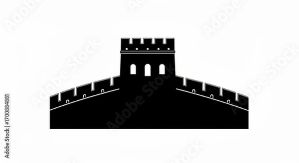 Fototapeta Illustration of the great wall of china with a tower and battlements in black silhouette on white background created with generative ai