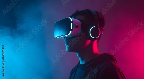 Obraz Cyberpunk Vision: Neon Smoke and Futuristic VR Immersive Technology for Gaming and Simulation