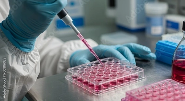 Fototapeta Medical researcher carrying out precise experiments in a modern lab, aiming at healthcare advancements like gene therapies, vaccines, and innovative treatment developments