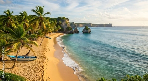 Fototapeta Idyllic tropical beach with palm trees and turquoise ocean.