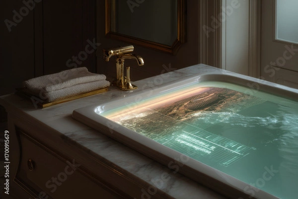 Fototapeta futuristic bathroom features holographic display showing time and water levels across various eras