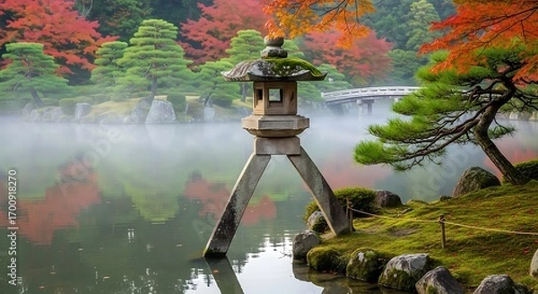 Fototapeta Japanese garden lantern on serene lake shore with misty atmosphere and vibrant autumn foliage scene