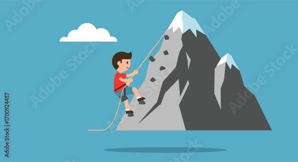 Fototapeta Determined cartoon climber ascending a challenging mountain summit.