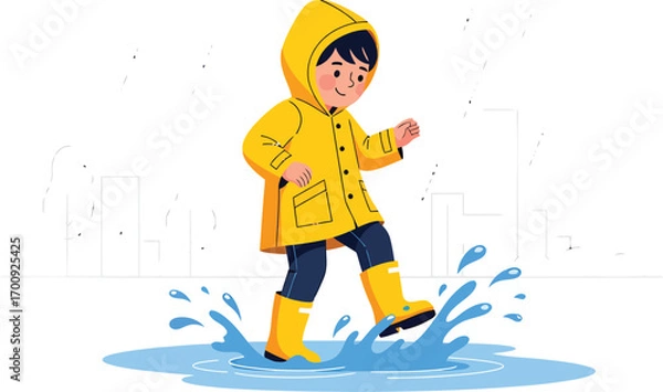 Fototapeta Joyful cartoon boy in a yellow raincoat splashing in a puddle.