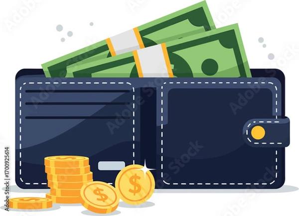 Fototapeta Open wallet overflowing with cash and gold coins illustration.