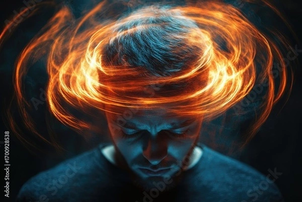 Fototapeta Concussion focus: cerebral harm, cranial strike, neural disruption, brain disorder, skull blow, cognitive decline, memory problem, sensory change, motor weakness, mental strain, head condition trauma