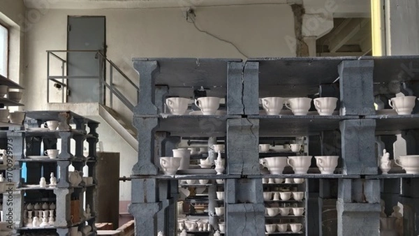 Fototapeta porcelain products on the shelves at the factory, prepared for firing in the kiln. Tableware Making