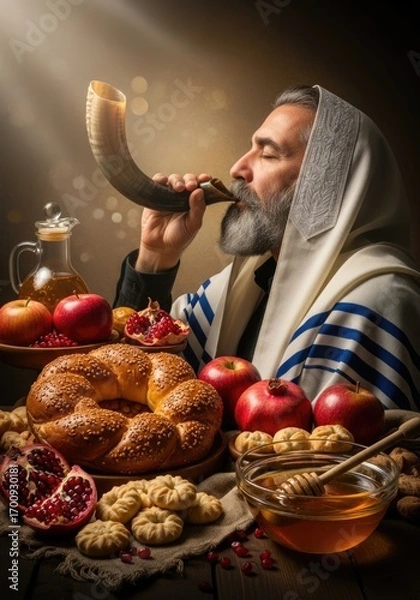 Fototapeta Bearded man blowing curved shofar horn for Jewish New Year Rosh Hashanah. Traditional festive table with round challah, red apples, sweet honey, pomegranates for holiday blessings.