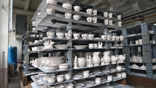 Fototapeta porcelain products on the shelves at the factory, prepared for firing in the kiln. Tableware Making