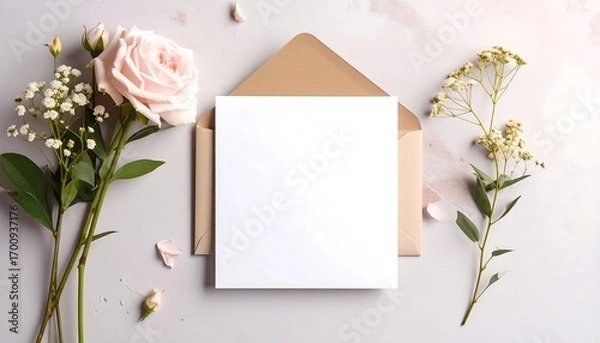 Fototapeta A delicate arrangement of pastel pink roses, soft cream flowers, and a blank invitation card on a light grey marble surface.