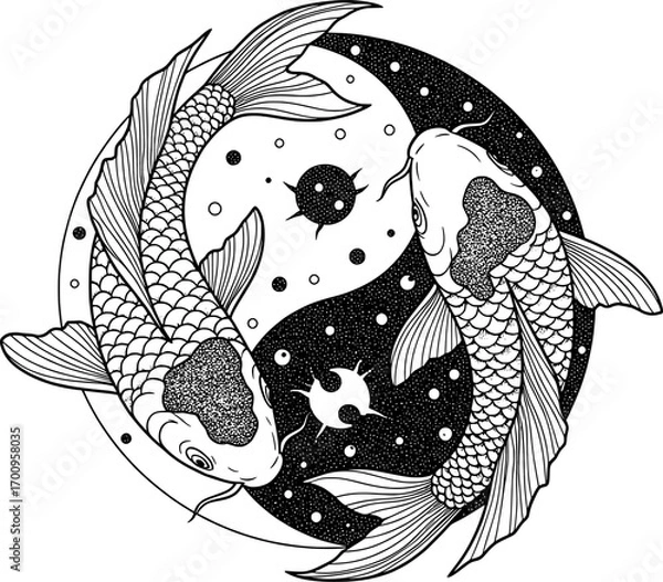 Obraz Two koi fish in a yin-yang pattern, fine line black ink, white background, vector.