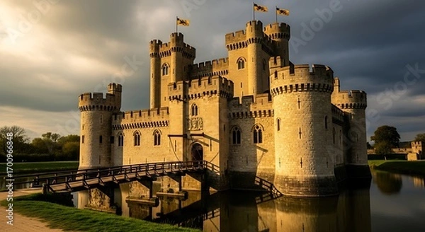 Fototapeta Medieval Castle with Drawbridge and Moat.