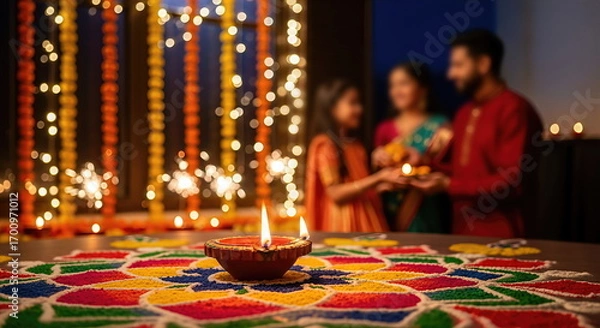 Fototapeta Diwali celebration with family joy, diya lamps, sparklers, and colorful rangoli design, festival of lights, warm festive evening mood, joyous togetherness, illuminated home atmosphere,