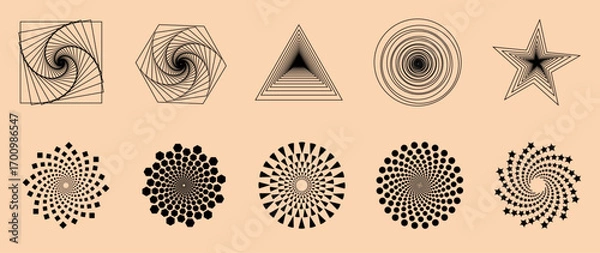 Fototapeta Collection of abstract geometric shapes transformed into dynamic spiral and optical patterns

