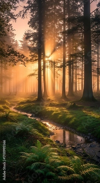 Fototapeta Mystical sunrise filtering through a misty forest scene enhancing the ethereal and peaceful
