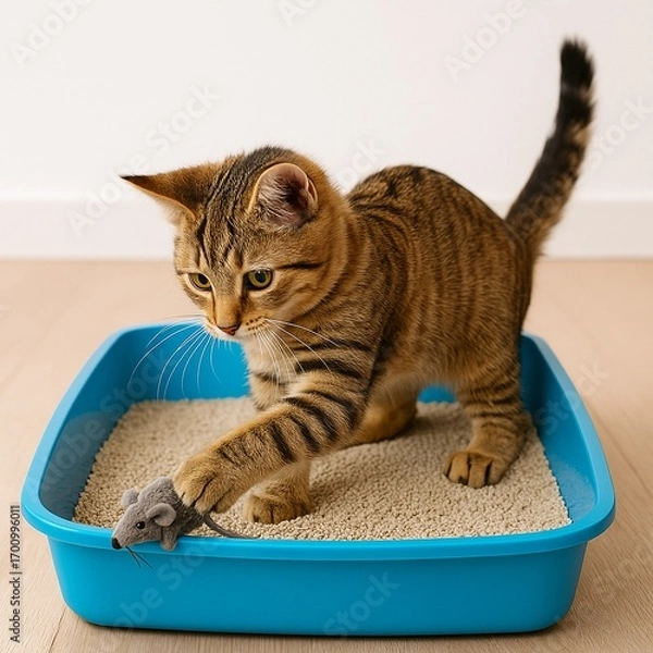 Fototapeta Playful tabby cat playing with toy mouse in litter box in bright clean room