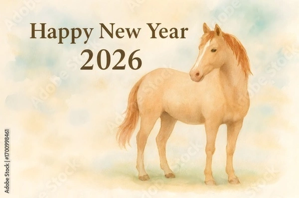 Obraz 2026年_年賀状_素材_横_和風_水彩画_馬_01