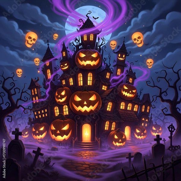Fototapeta Halloween Pumpkin Island Spooky Glowing Haunted Castle with Skulls