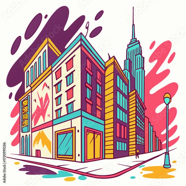 Fototapeta Colorful AI-generated city landscape, depicting buildings and streets in a stylized, cartoon-like art style. The image is used to indicate an AI content type.

