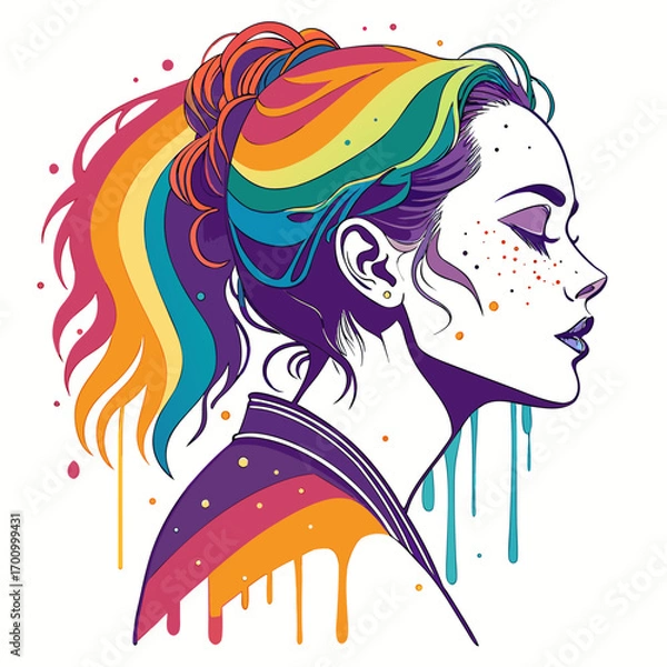 Fototapeta A stylized profile of a woman with rainbow hair in a ponytail. The woman is depicted with freckles and paint drips from the rainbow, contributing to an artistic and vibrant feel.

