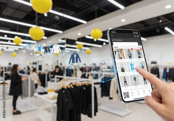Fototapeta Augmented Reality Shopping Experience in Modern Retail Store Showing Fashion Items on Mobile App