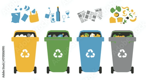 Fototapeta Vector illustration of four recycling bins with various types of waste, including plastic bottles, paper, glass, and food waste, suitable for educational or infographic purposes, promoting